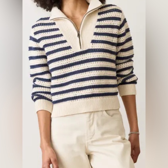 Marine Layer Sweaters - Marine Layer Montecito Quarter Zip Sweater Coastal Navy Small grandma knit open